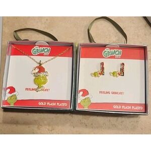 Dr. Seuss Grinch Necklace & Earrings Set Gold Flash Plated New